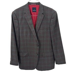 Daniel Hechter Paris 100% Wool Plaid Blazer Mens Size 44L Red Lining